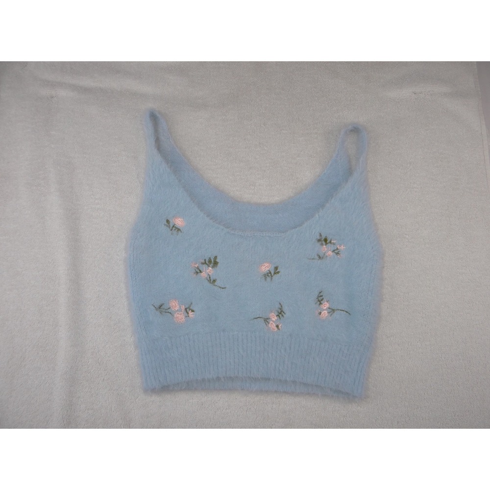 Fuzzy Blue Floral Embroidered Cropped Camisole Tank Top Scoop Neck 2813